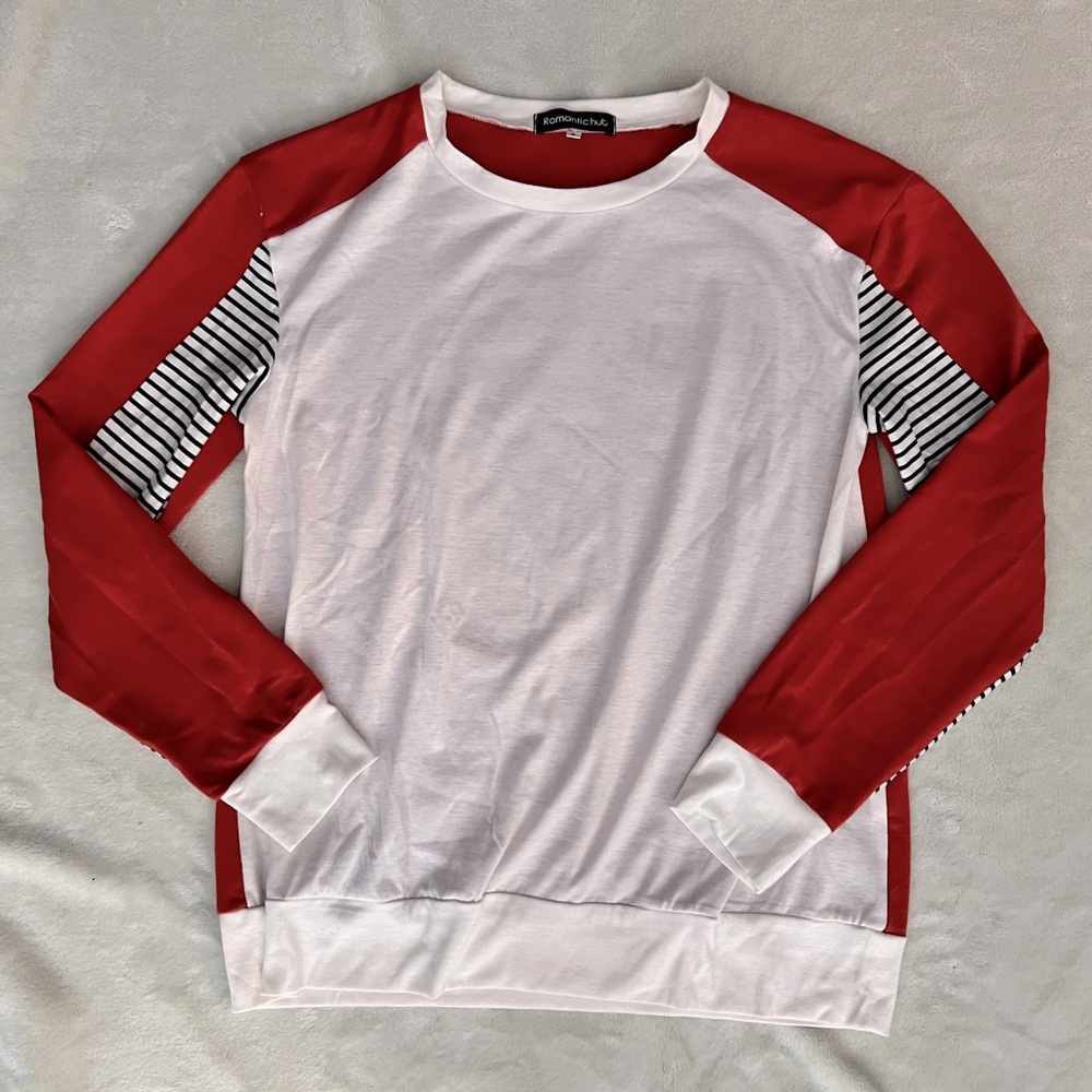 ❌SOLD❌ Romantichut Red & White Long Sleeve w Black & White Striped Sleeve Detail